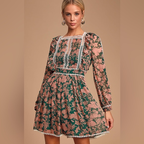 Tatlana Pink and Green Floral Print Long Sleeve Skater Dress - Picture 2 of 3